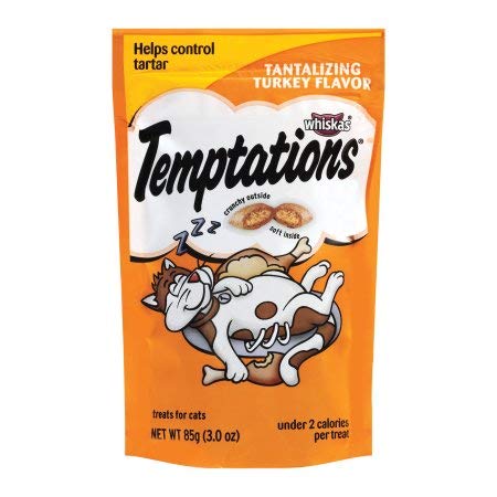 Whiskas Temptations Sabor a Pavo para Gatos, snack crujiente por fuera y suave por dentro, ideal para premiar.