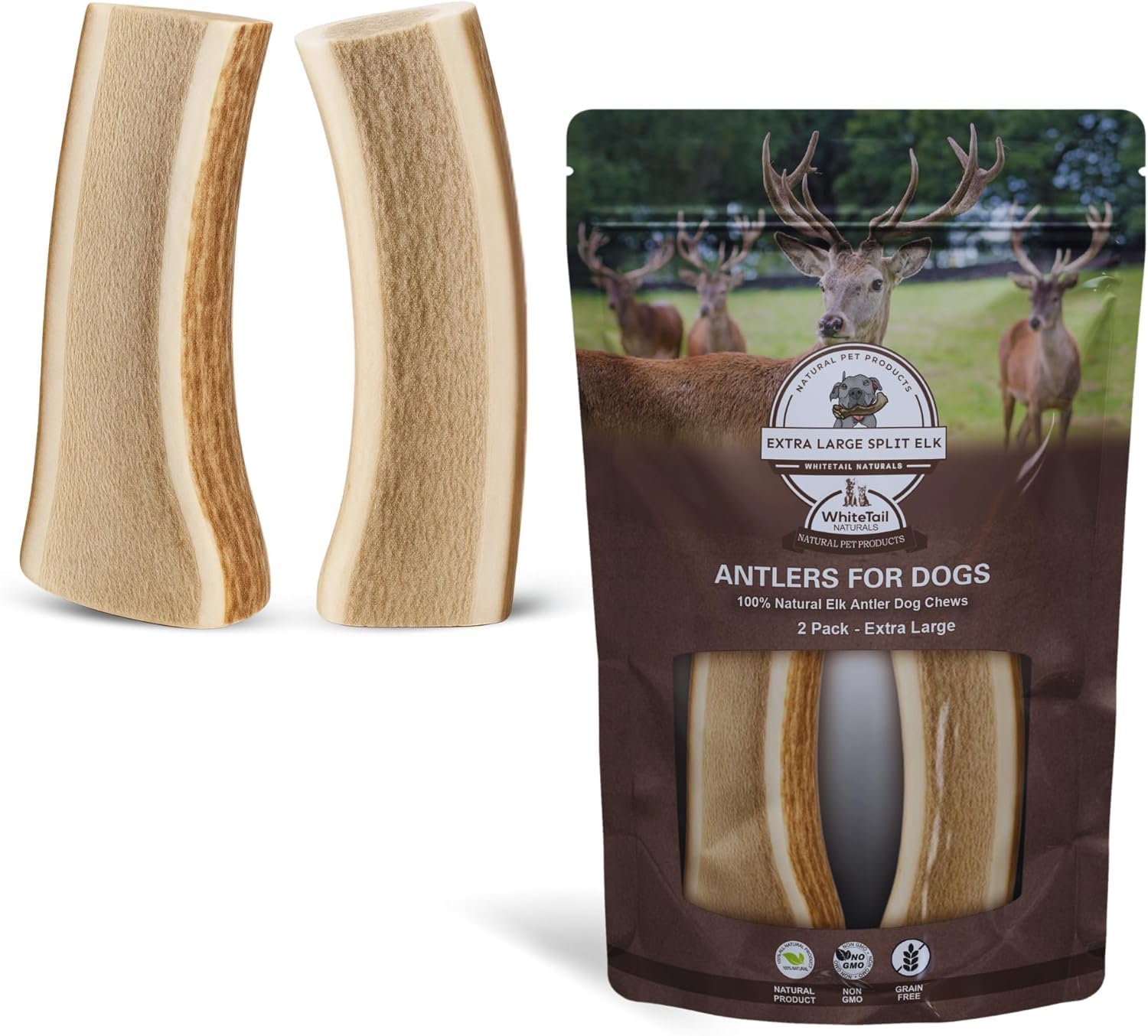 WhiteTail Naturals, astas de alce partidas XL para perros grandes, masticación duradera