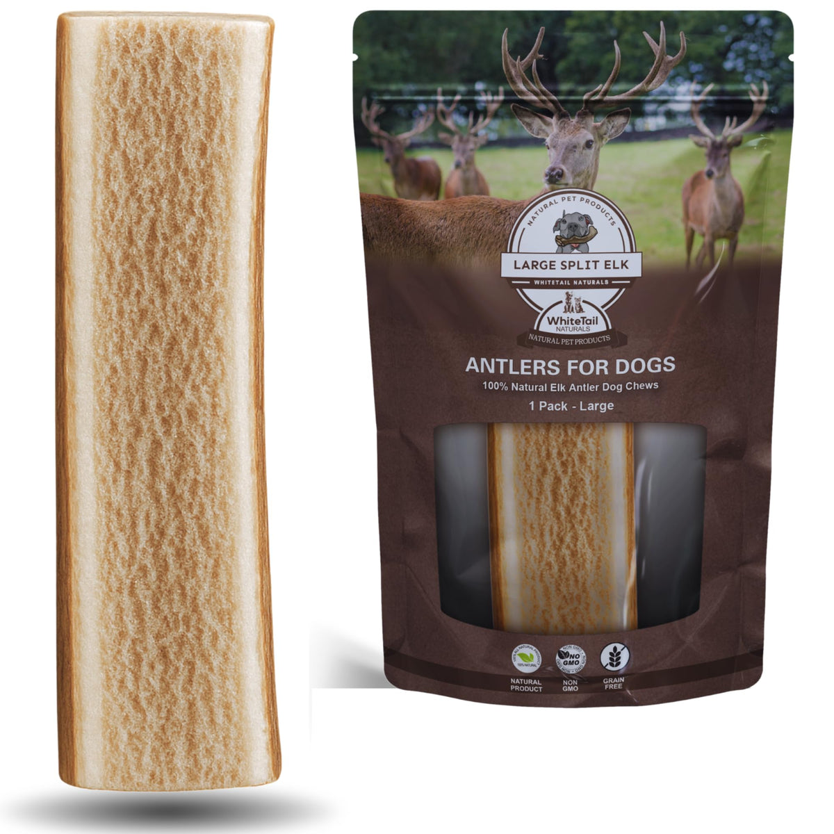 WhiteTail Naturals cuerno de ciervo con corte grande para perros grandes, masticación duradera.