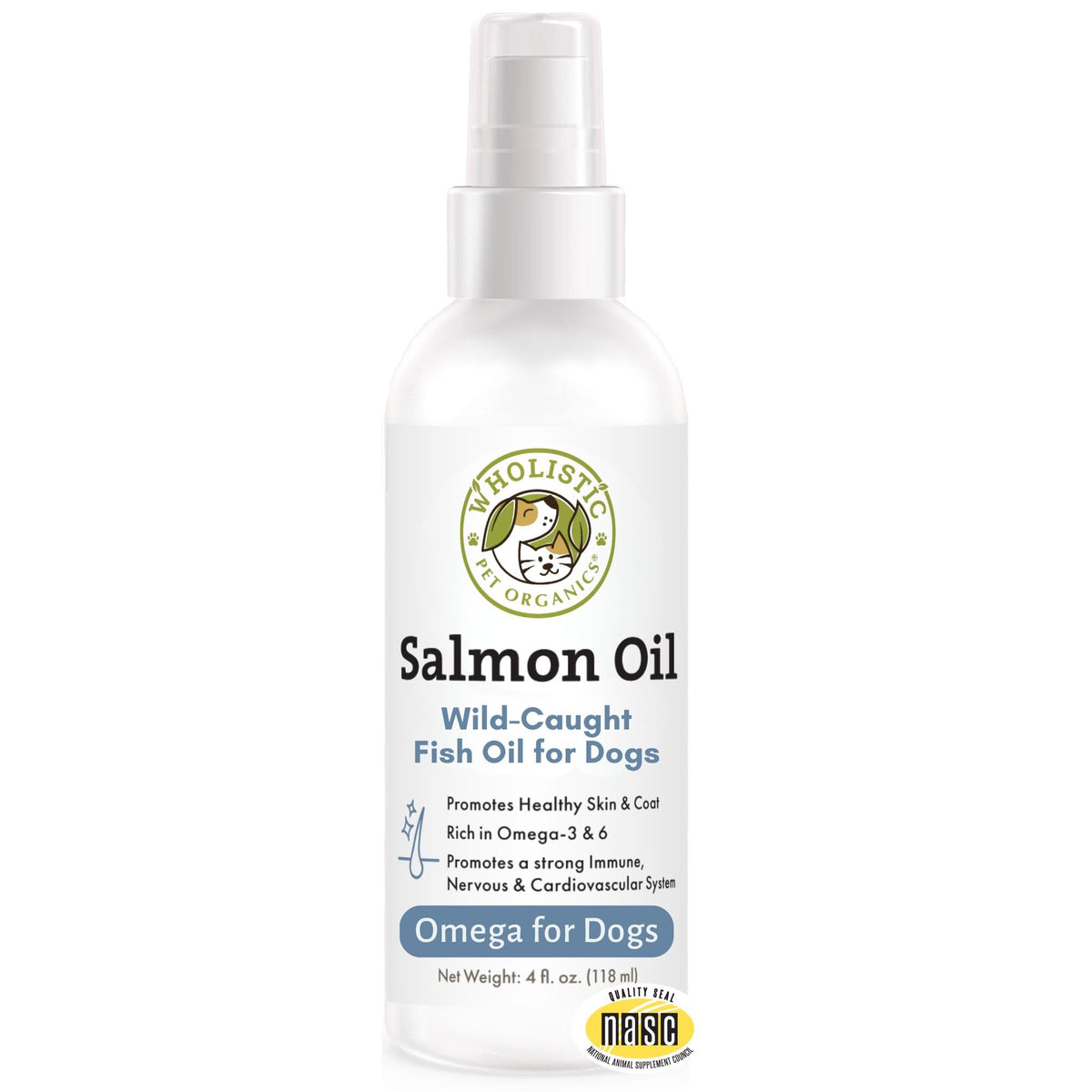 Wholistic Pet Organics aceite salmon, botella frontal, piel sana y pelaje brillante.