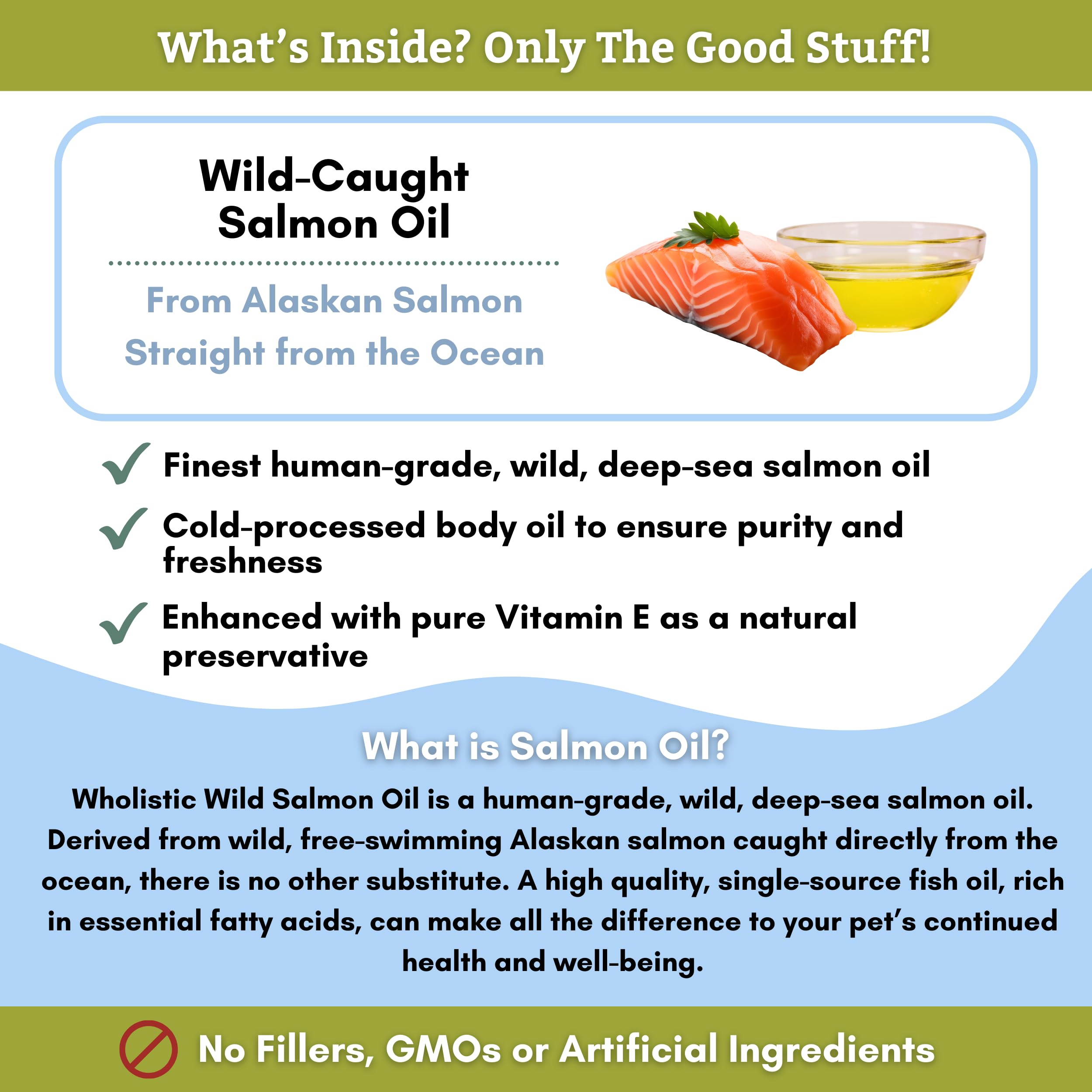 Wholistic Pet Organics aceite salmon, etiqueta detalle, ingredientes naturales.