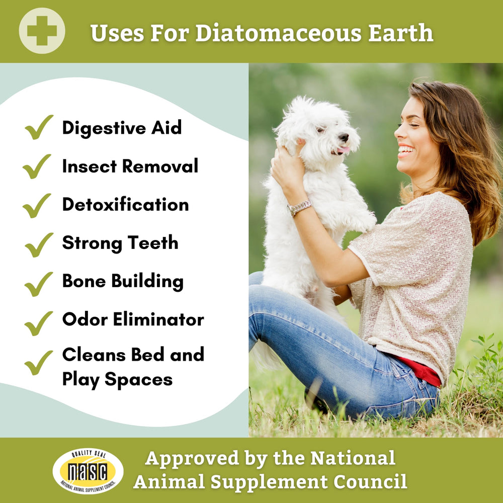 Wholistic Pet Organics Diatomita para apoyo digestivo suave en mascotas.