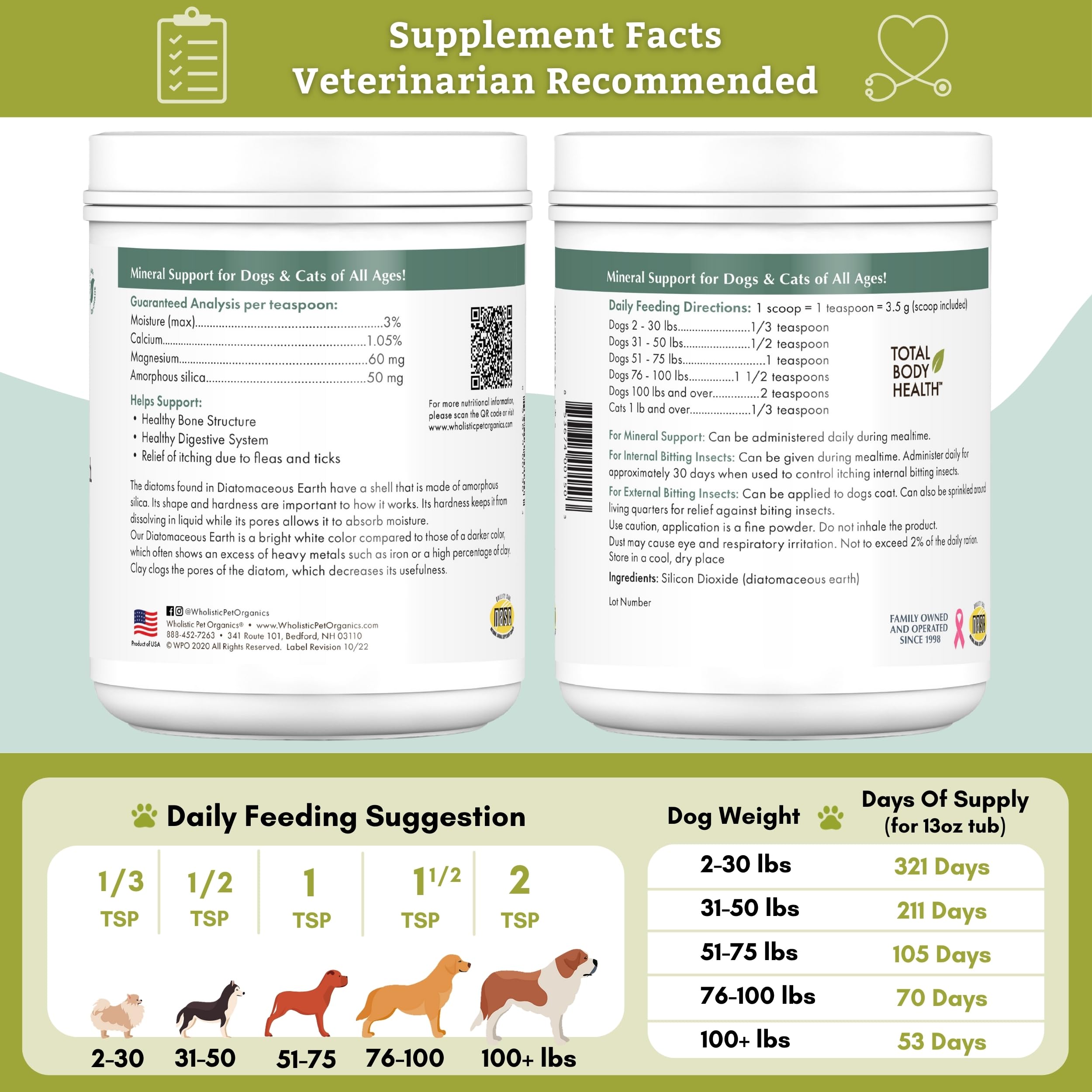 Wholistic Pet Organics Calcio natural para fortalecer huesos de mascotas.