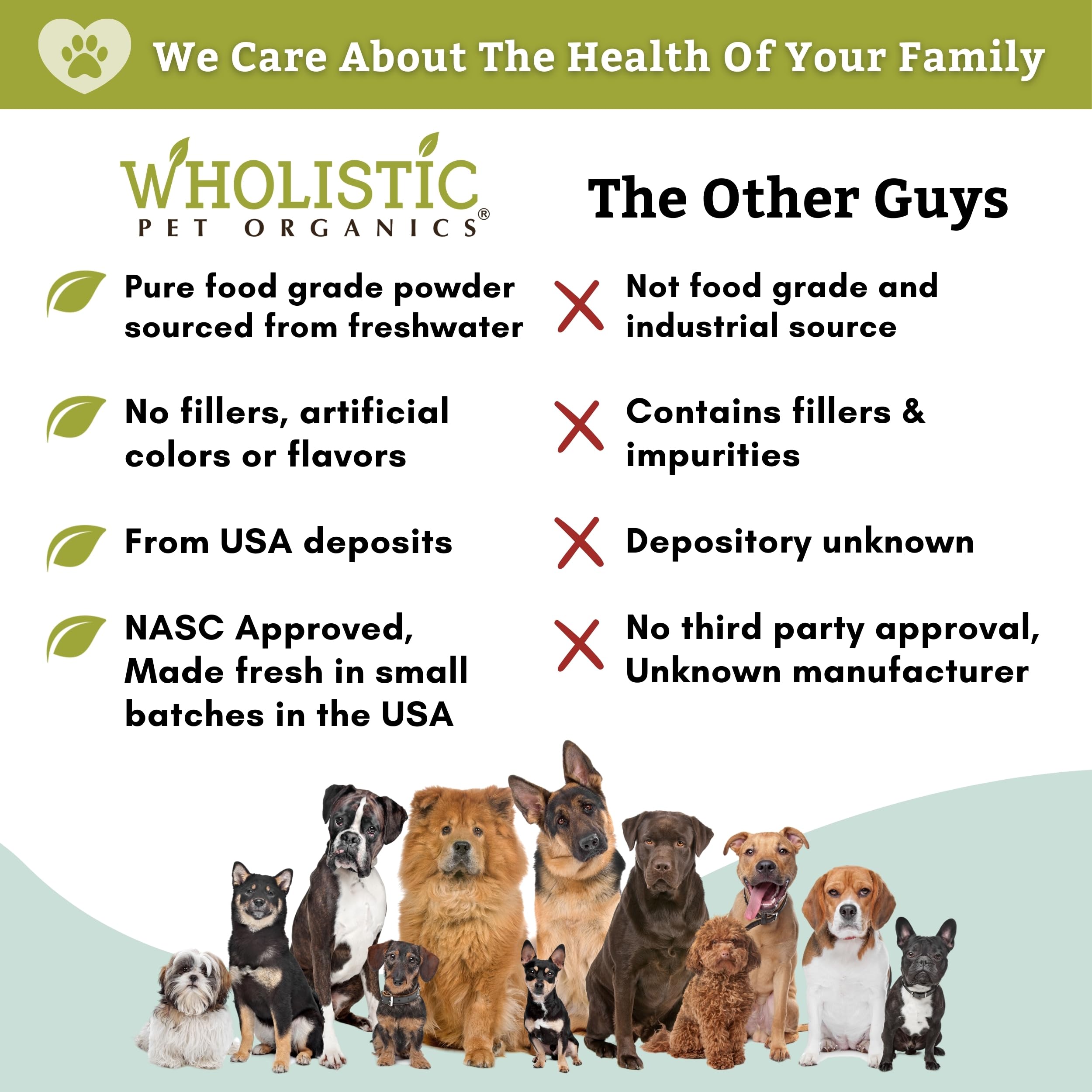 Wholistic Pet Organics Hecho en EE.UU. con diatomita de agua dulce.