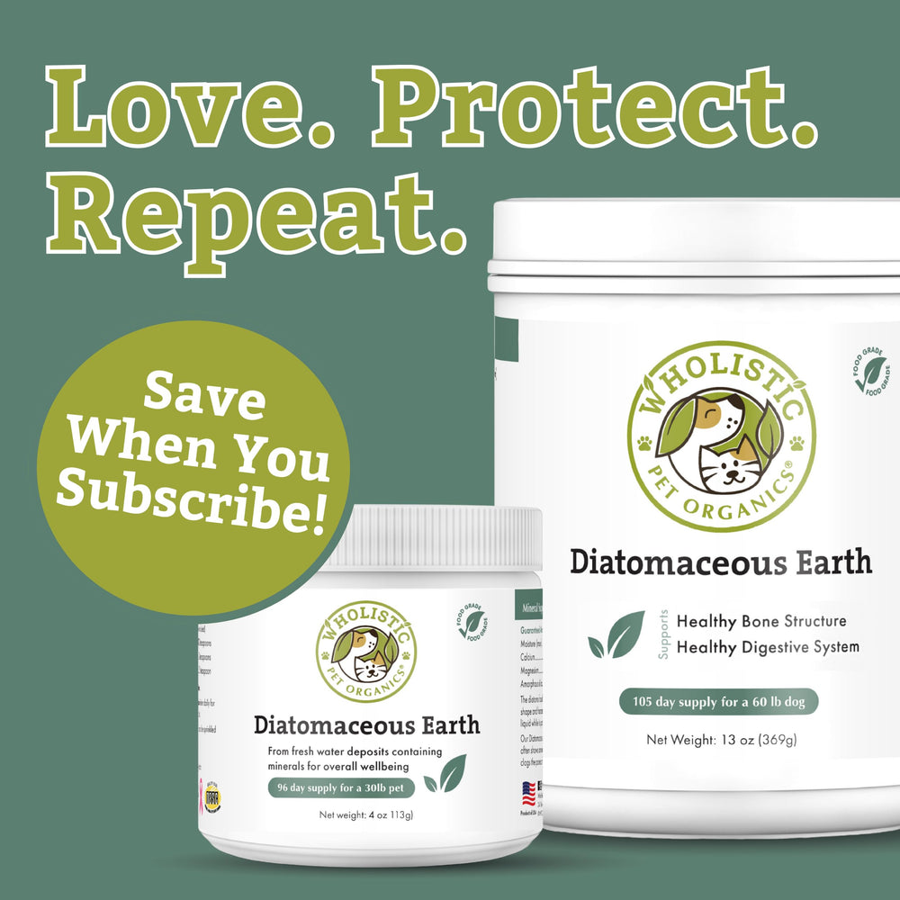 Wholistic Pet Organics Polvo de diatomita listo para uso interno en perros y gatos.