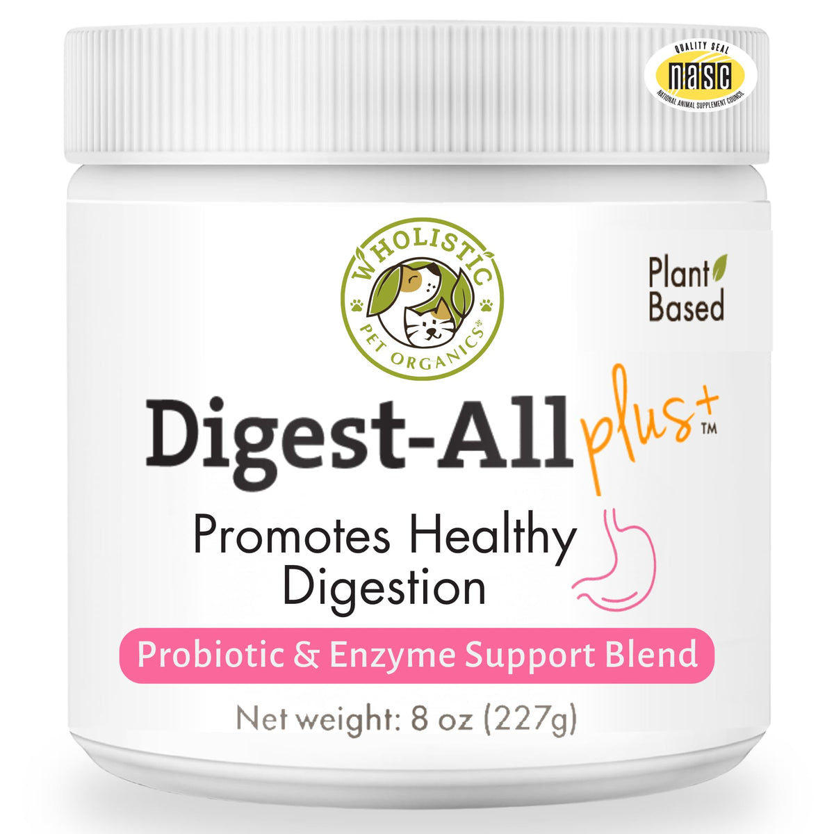 Wholistic Pet Organics probióticos para perros, frente a la botella, digestión suave