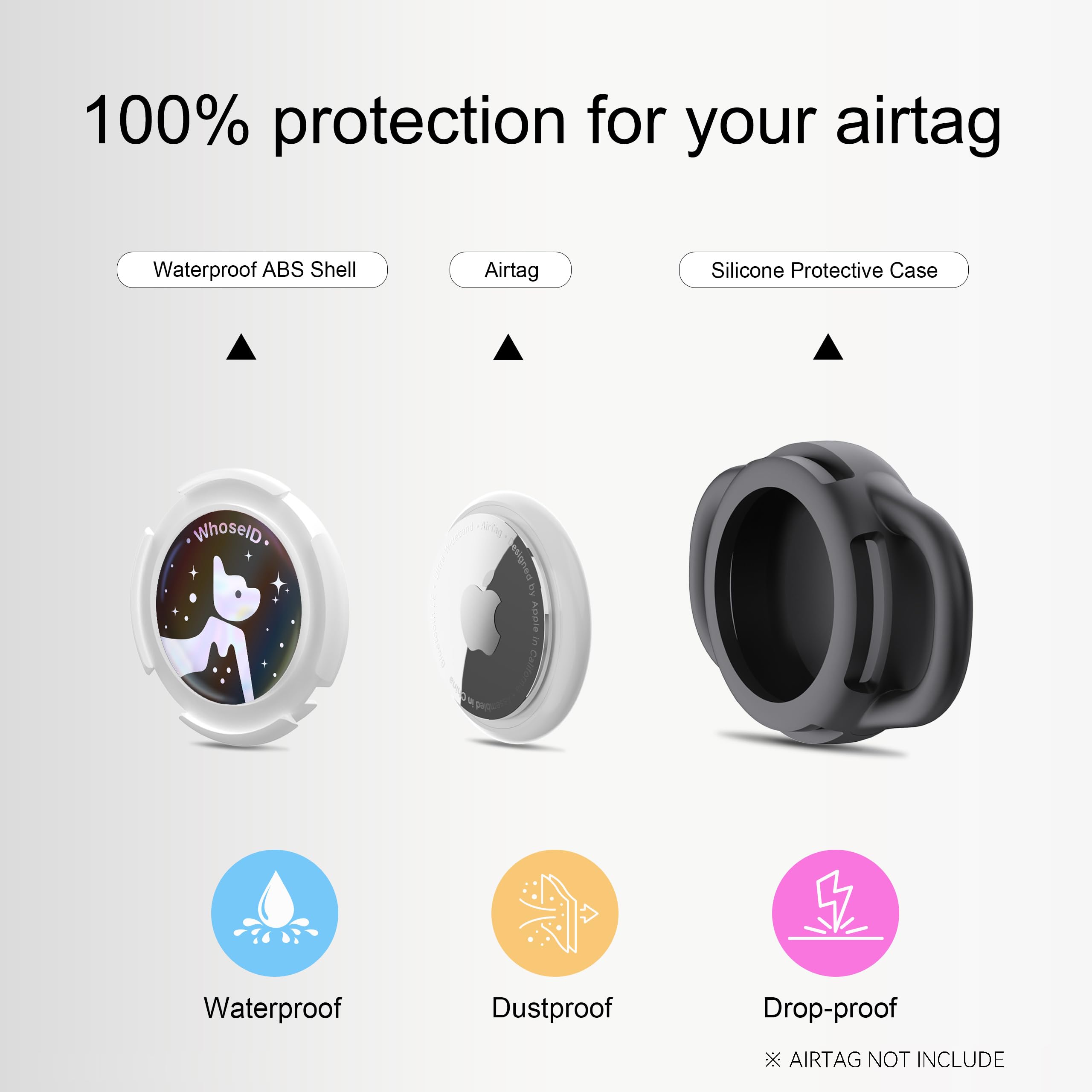 WhoseID funda de ABS para AirTag, negro, protección duradera.
