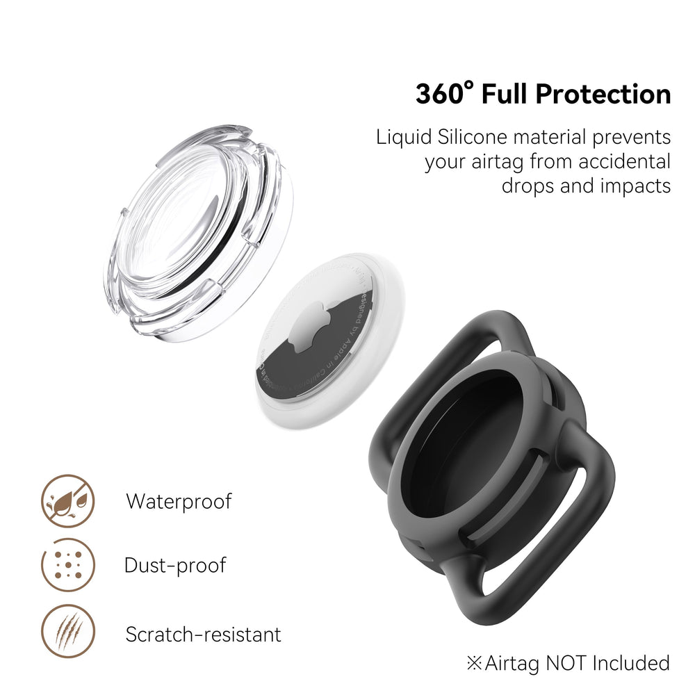 WhoseID Airtag collar holder negro lateral: acceso sin interferencias y ligero.