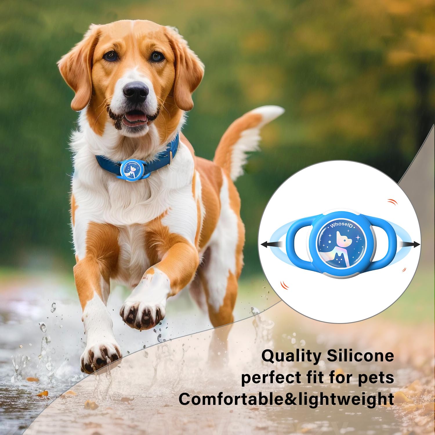 Funda ligera y duradera WhoseID AirTag para collar de perro azul, uso diario.