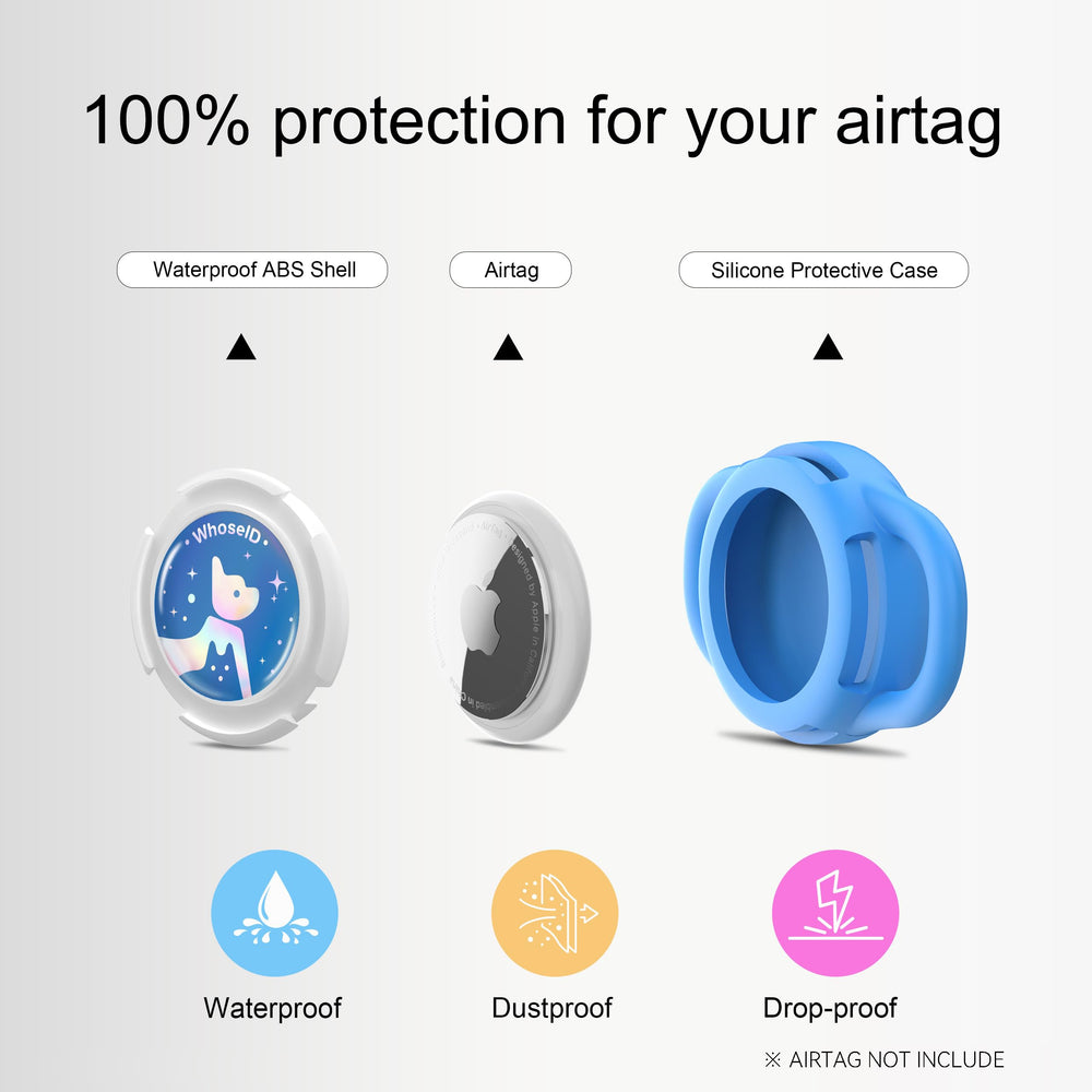 Funda WhoseID AirTag silicona y ABS para collar de perro azul, sin interferencias.