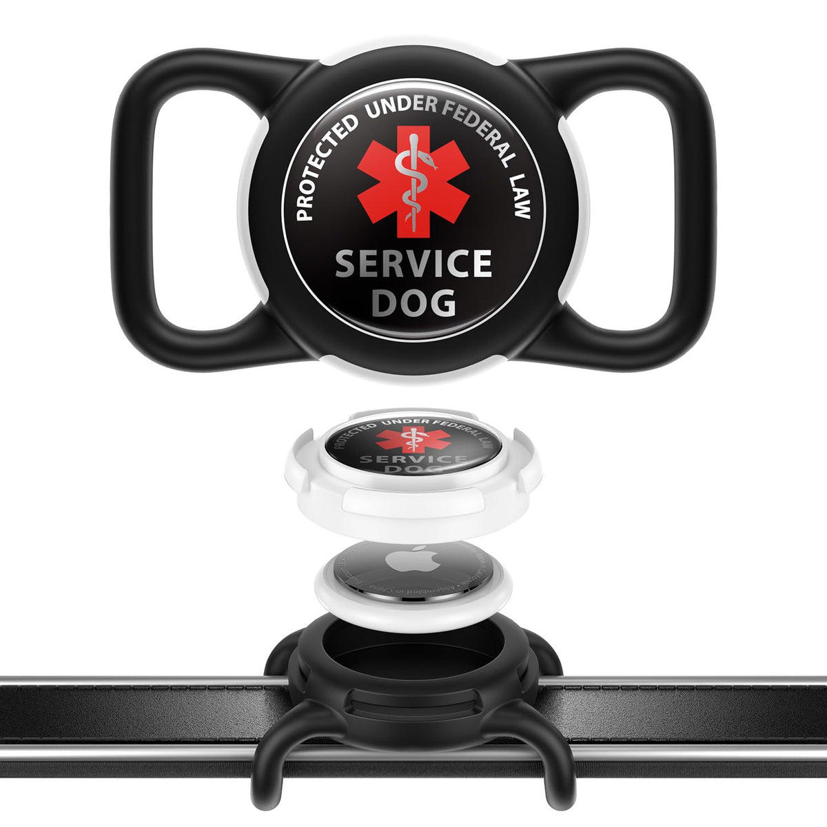 WhoseID AirTag Holder en collar, vista frontal, ajuste seguro y discreto.