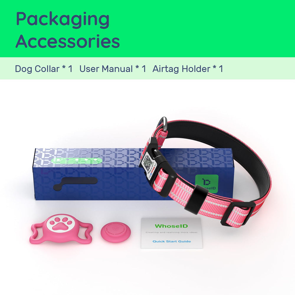WhoseID collar AirTag con soporte QR, permite verificación rápida en cada paseo.