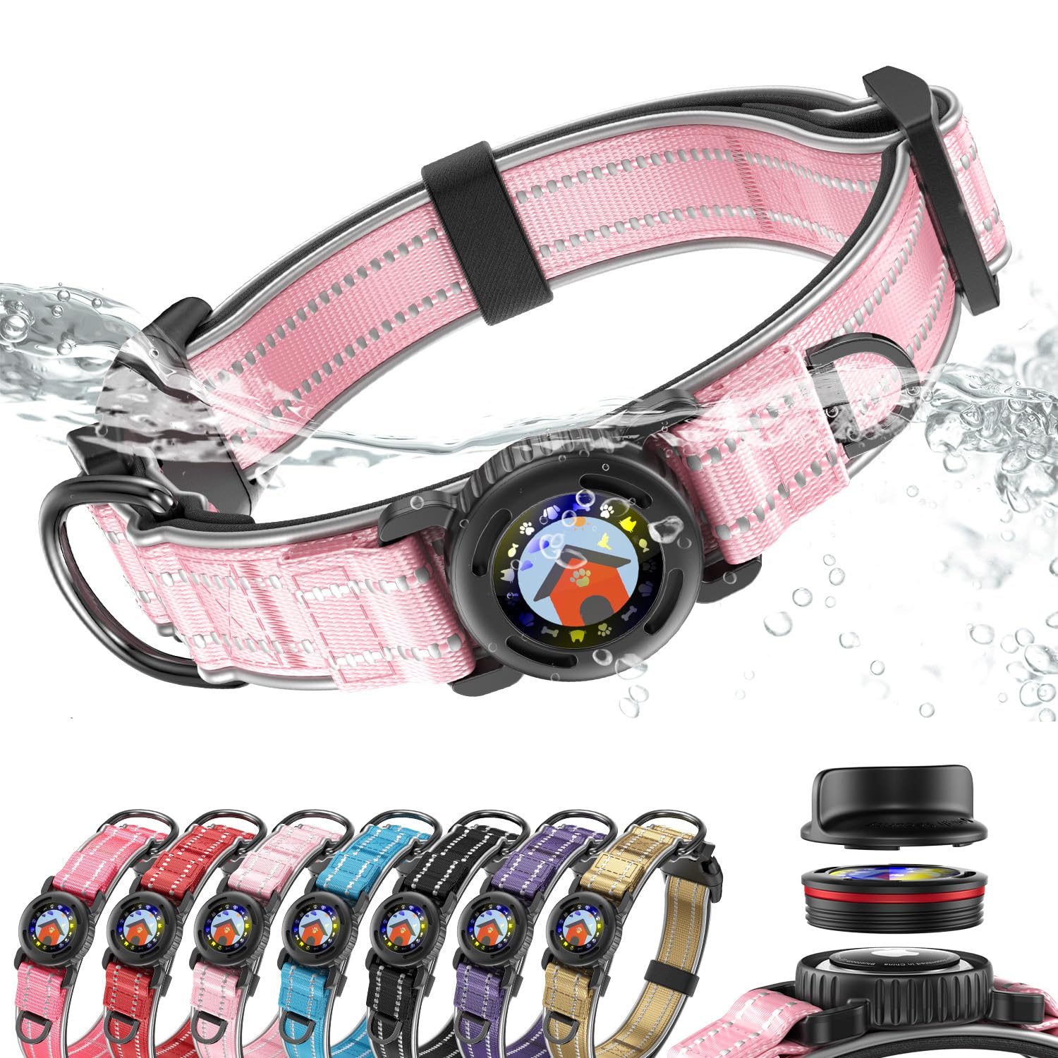 Collar WhoseID con soporte AirTag IPX8 en rosa para rastreo fiable