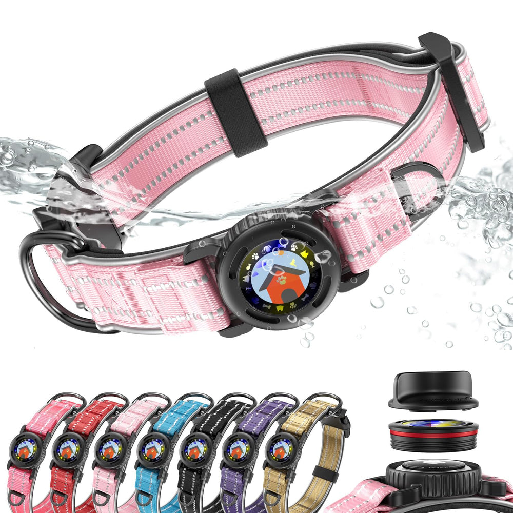 Collar WhoseID con soporte AirTag IPX8 en rosa para rastreo fiable