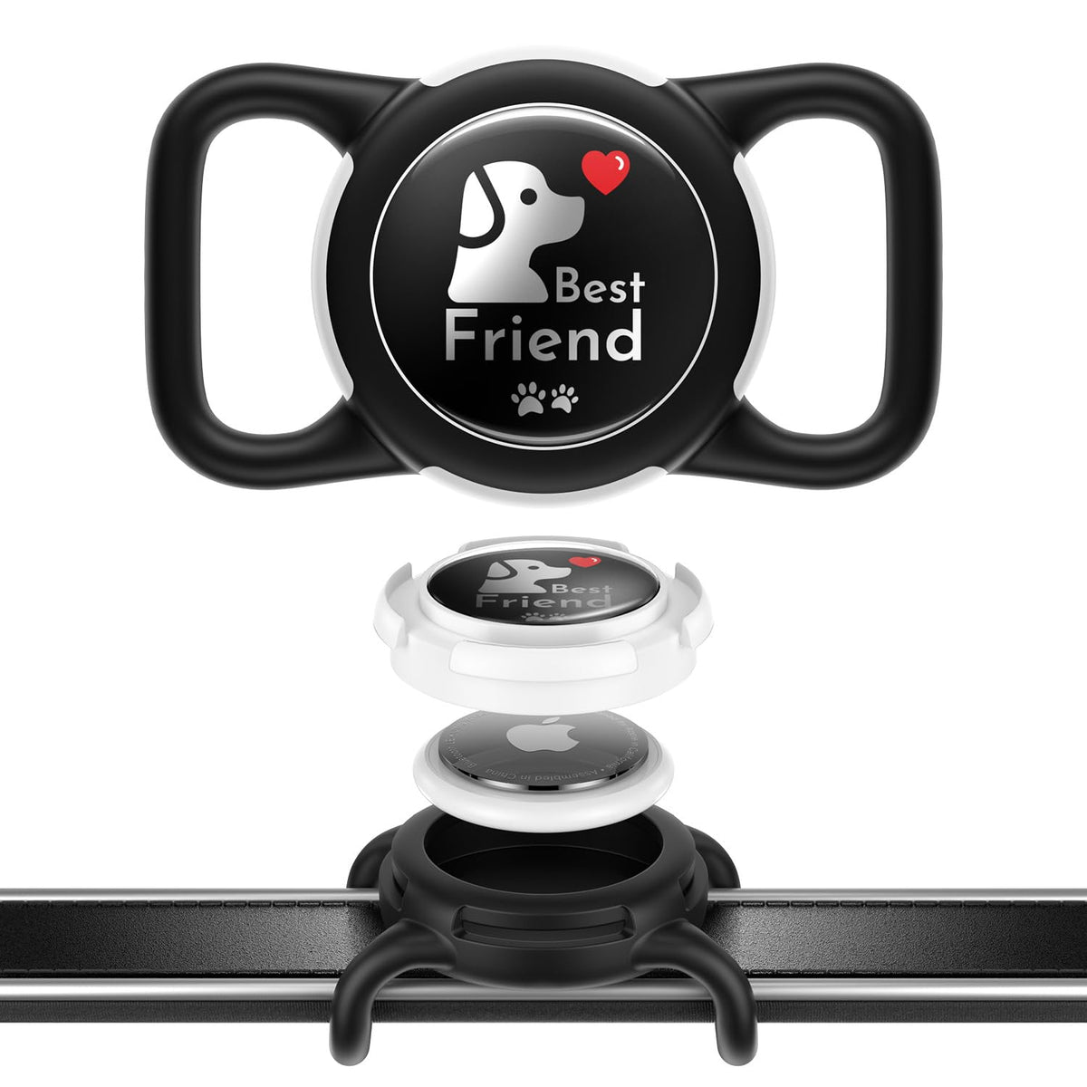 WhoseID funda AirTag para collar de perro con silicona suave y ajuste cómodo.