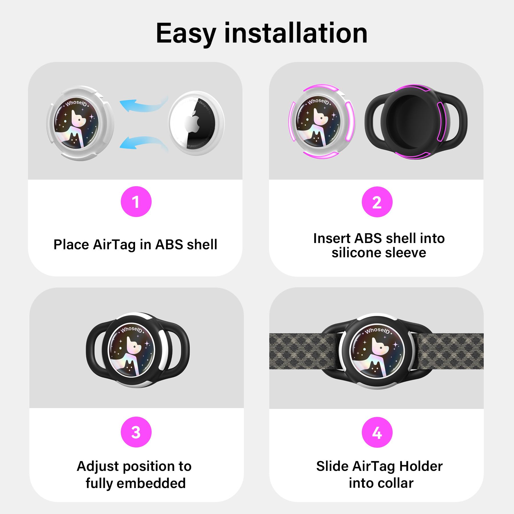 Protección precisa WhoseID AirTag, ajuste perfecto para collar de mascotas rosa
