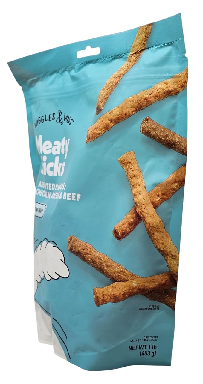 Wiggles & Wags bastones carne tocino, premio suave para perros activos