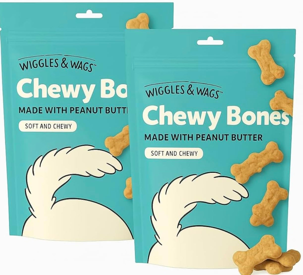 Wiggles & Wags Hueso masticable de sabor maní, ideal para refuerzo en entrenamiento.