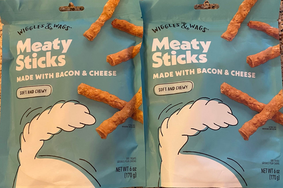Wiggles & Wags palitos bacón-queso: snack suave para perros.