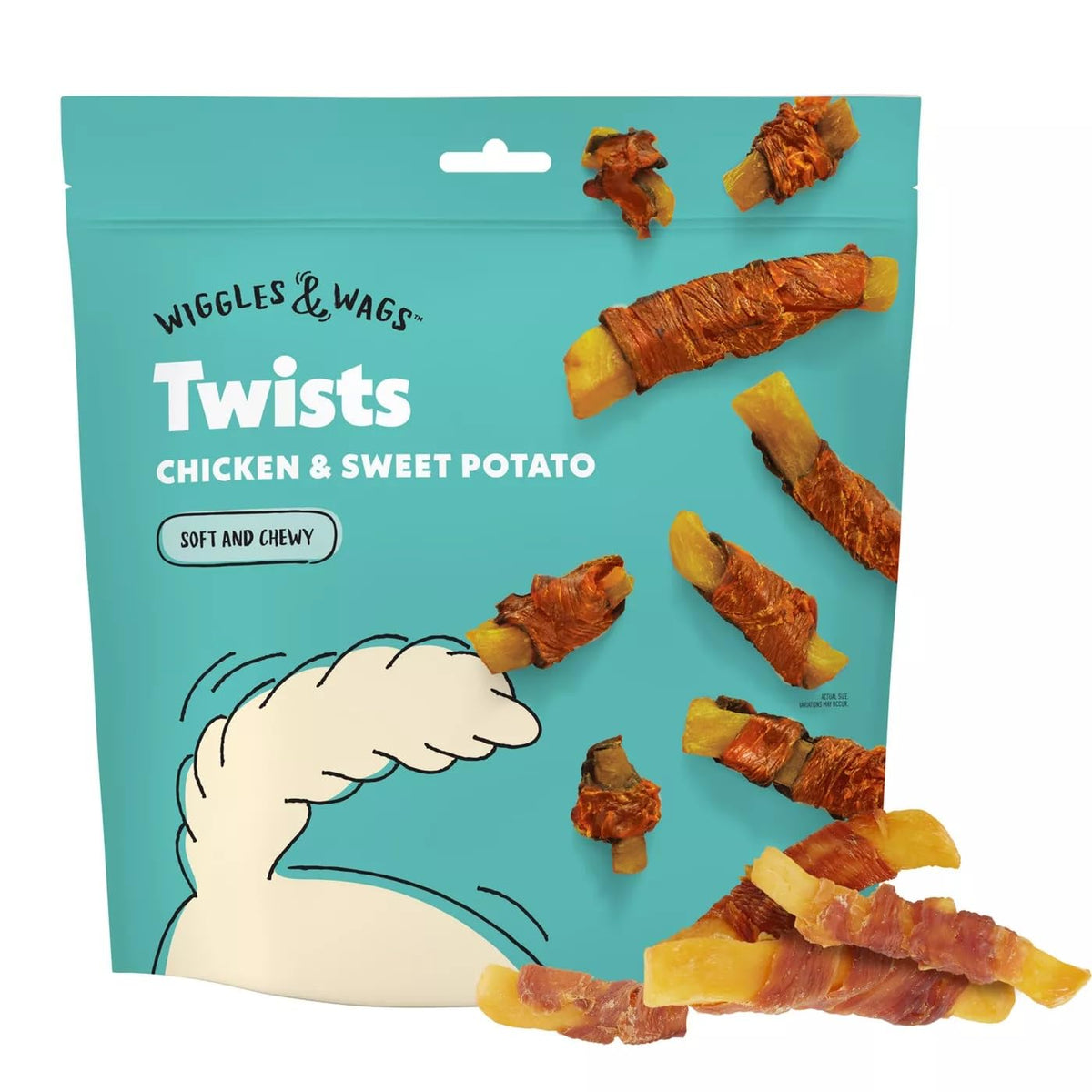 Wiggles & Wags Twists Pollo y Patata Dulce, envase práctico para perros adultos.