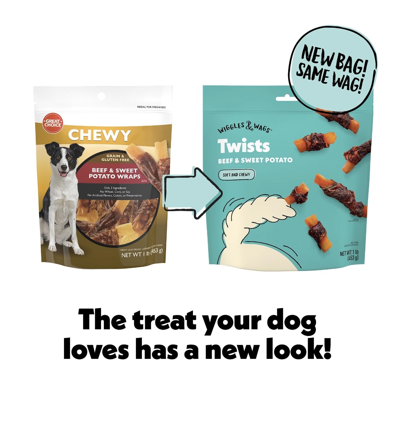 Twists de Wiggles & Wags, textura masticable atractiva para perros.