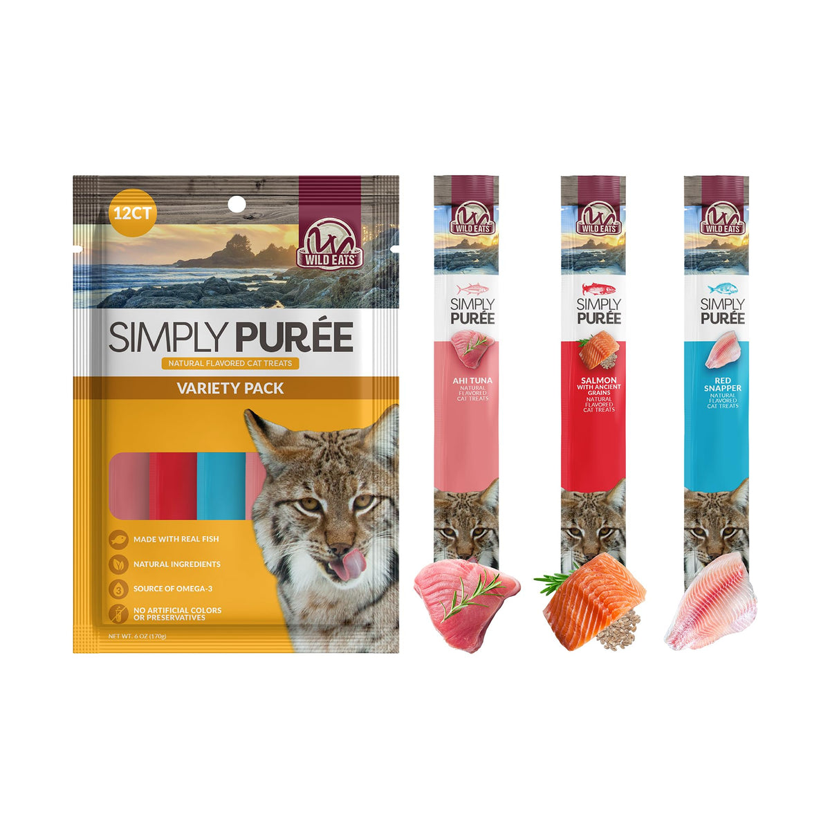 Wild Eats golosinas lickables para gatos, variedad exotica de pescado, empaque de 12 unidades.