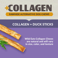 Wild Eats palito de pato con colágeno, textura masticable ideal para perros.