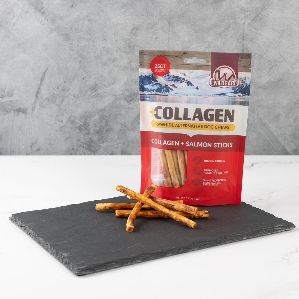 Wild Eats palitos de colágeno para perros, etiqueta transparente con análisis garantizado