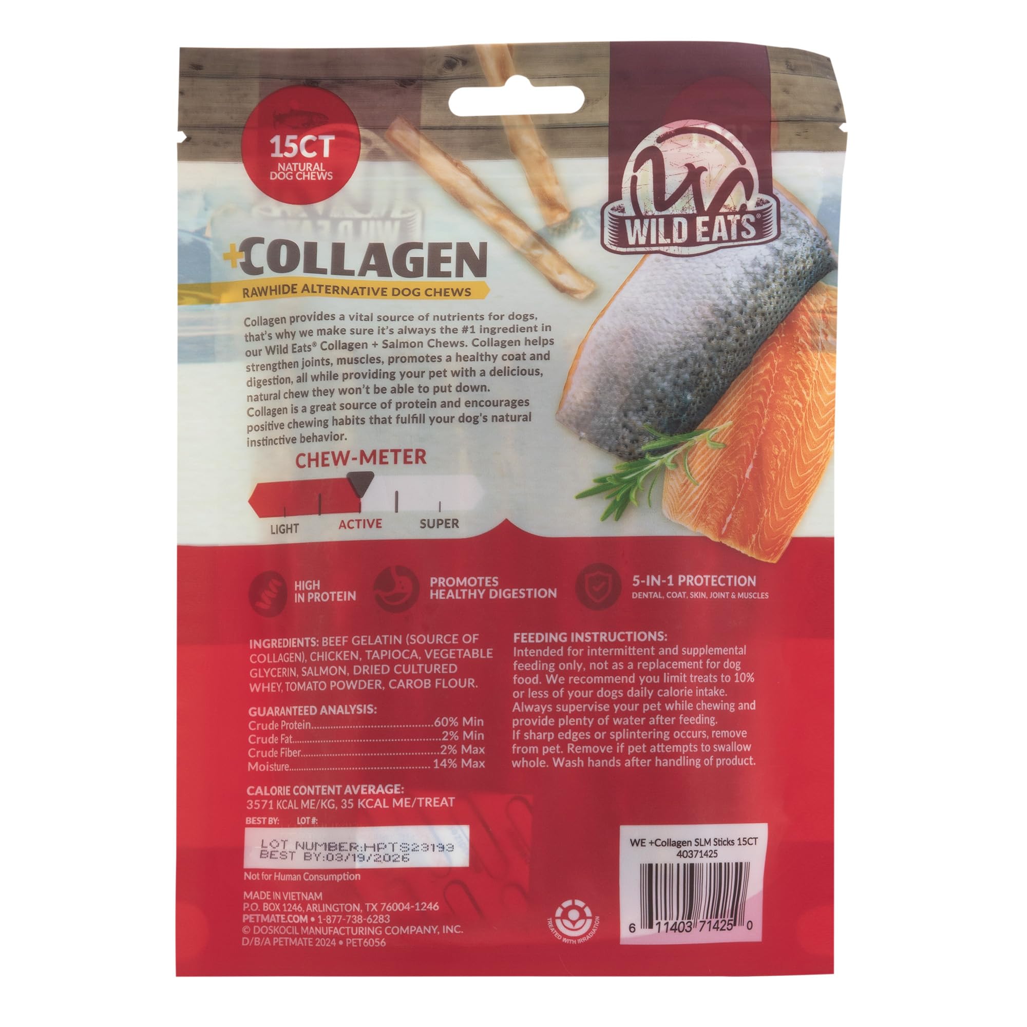 Wild Eats palitos de salmón con colágeno, grosor de 1 cm para masticación sostenida.
