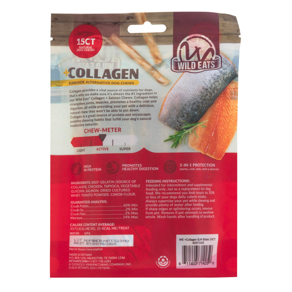 Wild Eats palitos de salmón con colágeno, grosor de 1 cm para masticación sostenida.