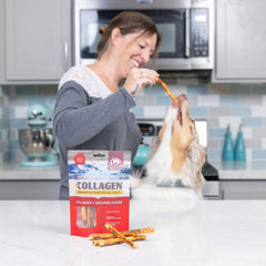 Wild Eats palitos de salmón con colágeno para perros, ayuda al brillo del pelaje.