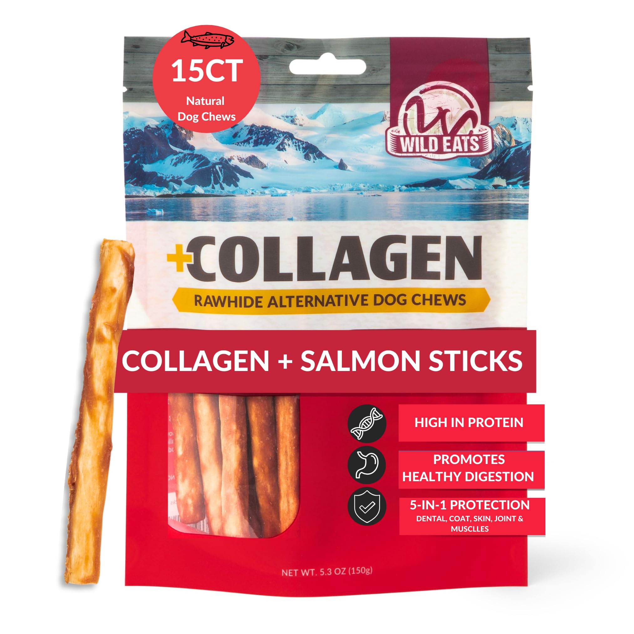 Wild Eats palitos de salmón con colágeno para perros, posible mejora digestiva.