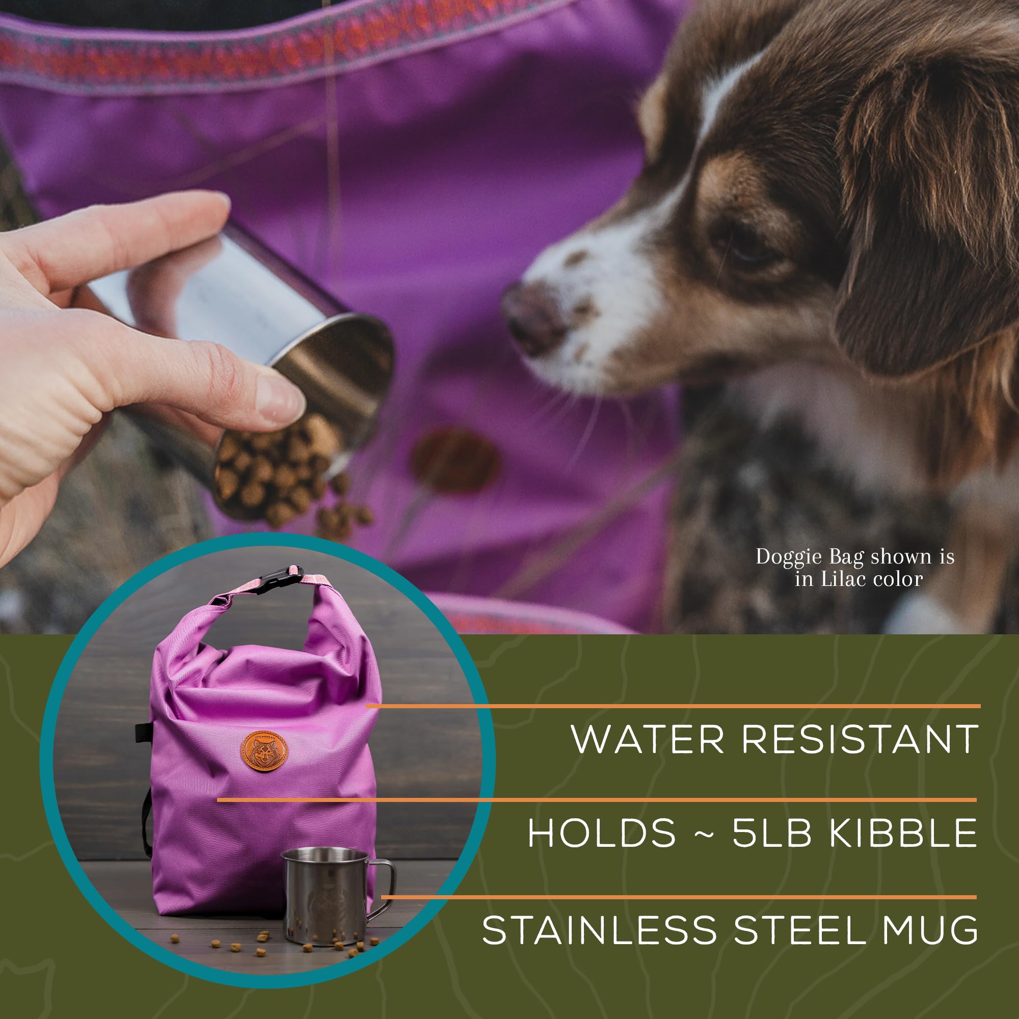 Bolsa Wilderdog lila, porción de comida en casa o en viaje.