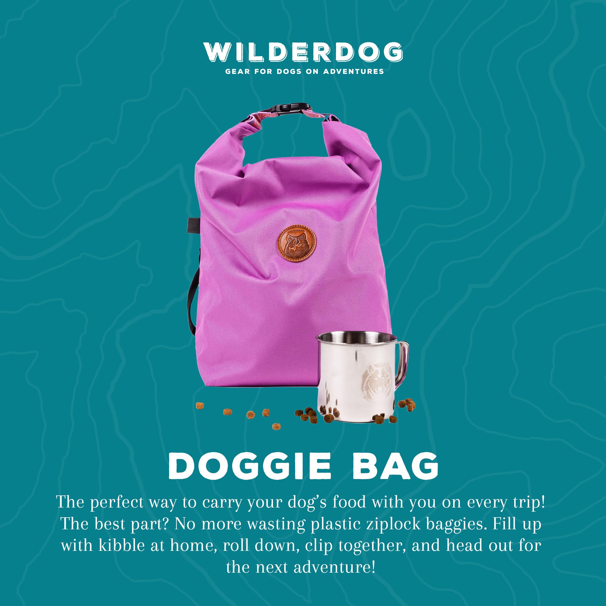 Bolsa Wilderdog color lila con taza de acero inoxidable incluida para porciones fáciles.