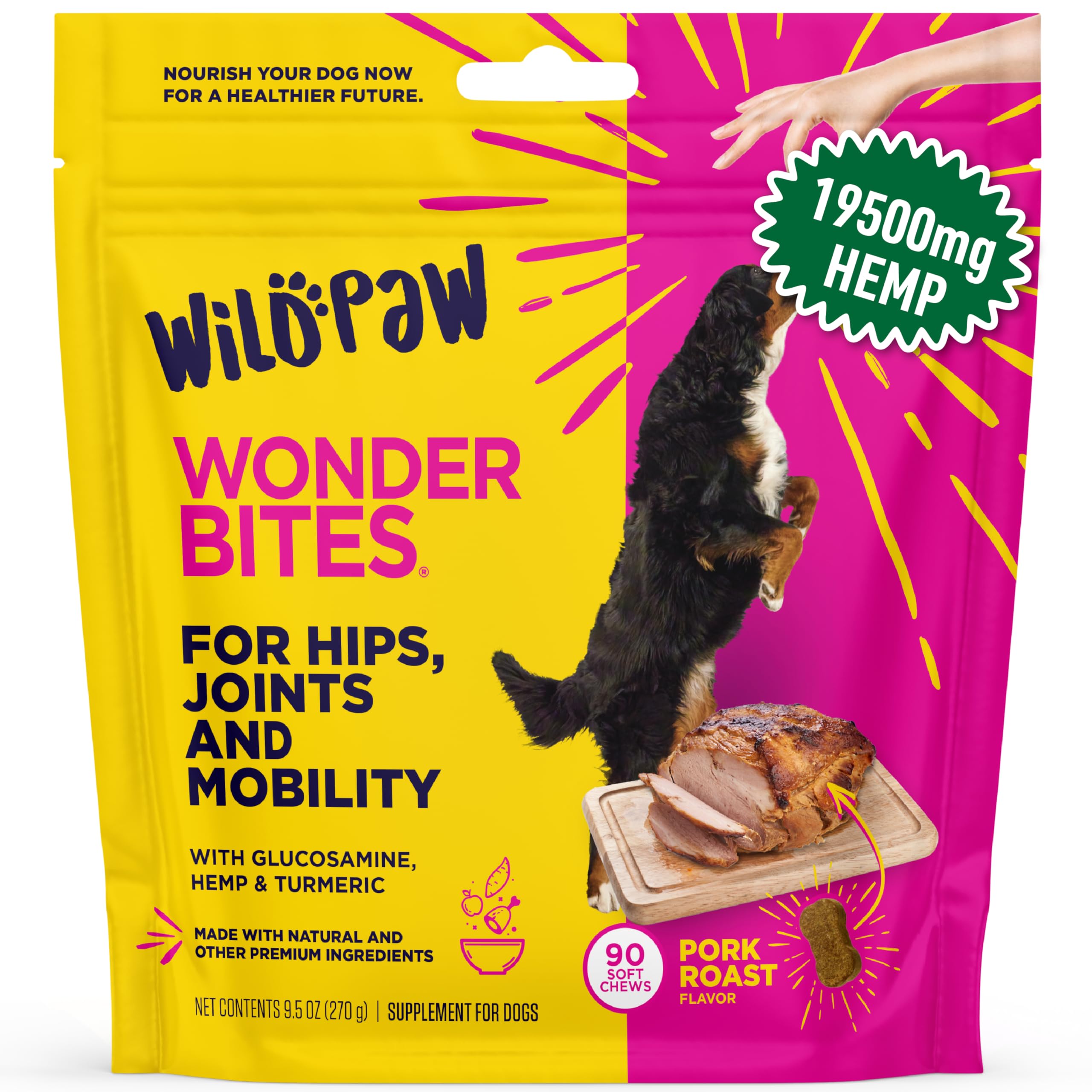 Envase de WildPaw WonderBites: snack suave para movilidad de perros.