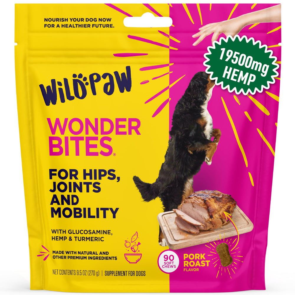 Envase de WildPaw WonderBites: snack suave para movilidad de perros.