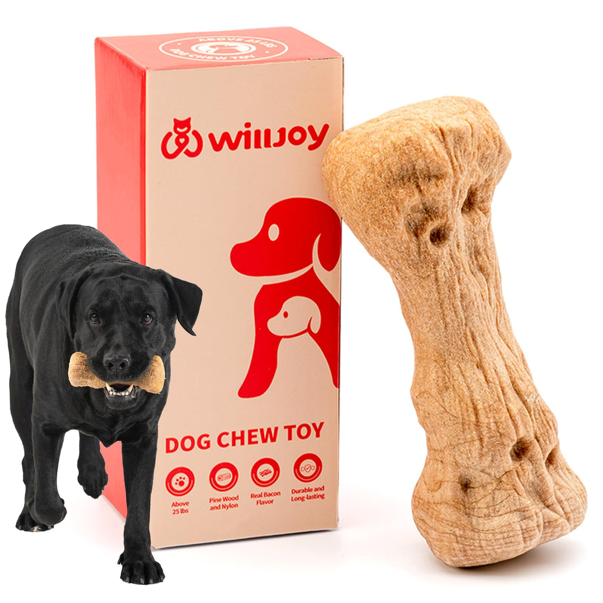 Willjoy juguete indestructible de pino y nylon para perros grandes, ideal para mordidas fuertes.
