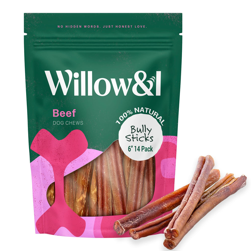 Willow & I palitos bully 6 pulgadas, textura duradera para perros activos.