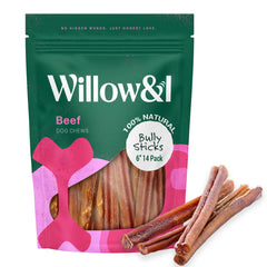 Willow & I palitos bully 6 pulgadas, textura duradera para perros activos.