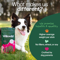 Willow & I palitos bully sin granos, opción natural para perros sensibles.