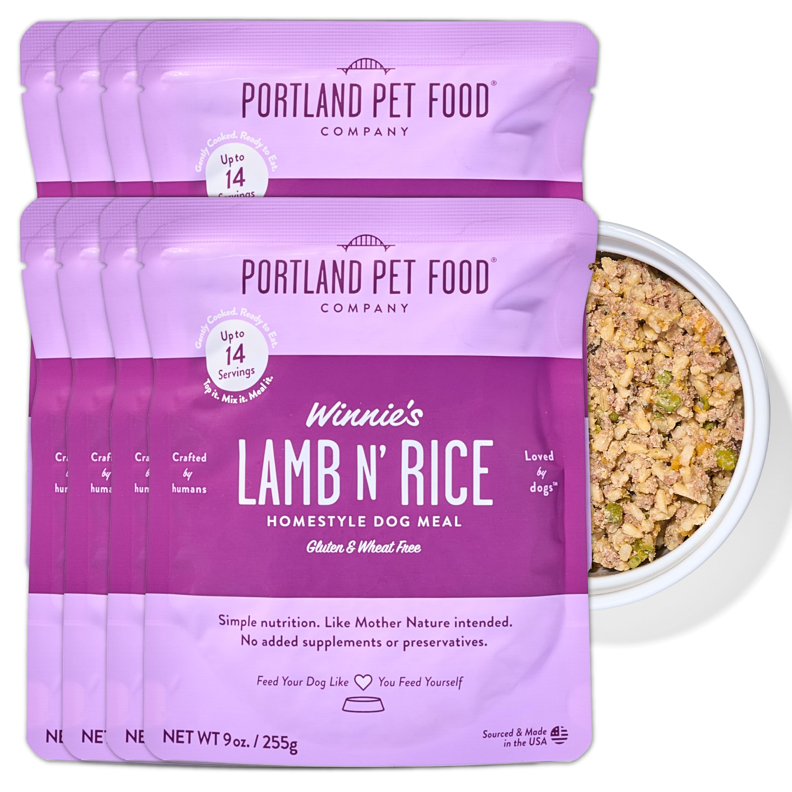 Winnie's Lamb N' Rice, empaque frontal, opción conveniente sin congelar.