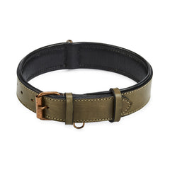 Collar Wise Owl Accessories de cuero real en Oliva, con estilo vintage para perros grandes.