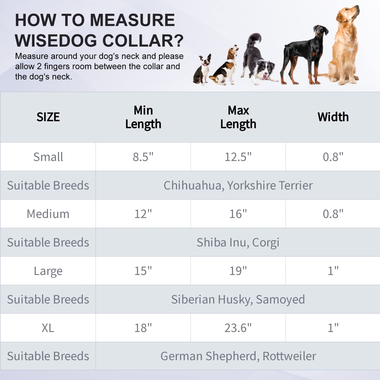 Collar Wisedog con ajuste 7–23,6 pulgadas para varios tamaños.