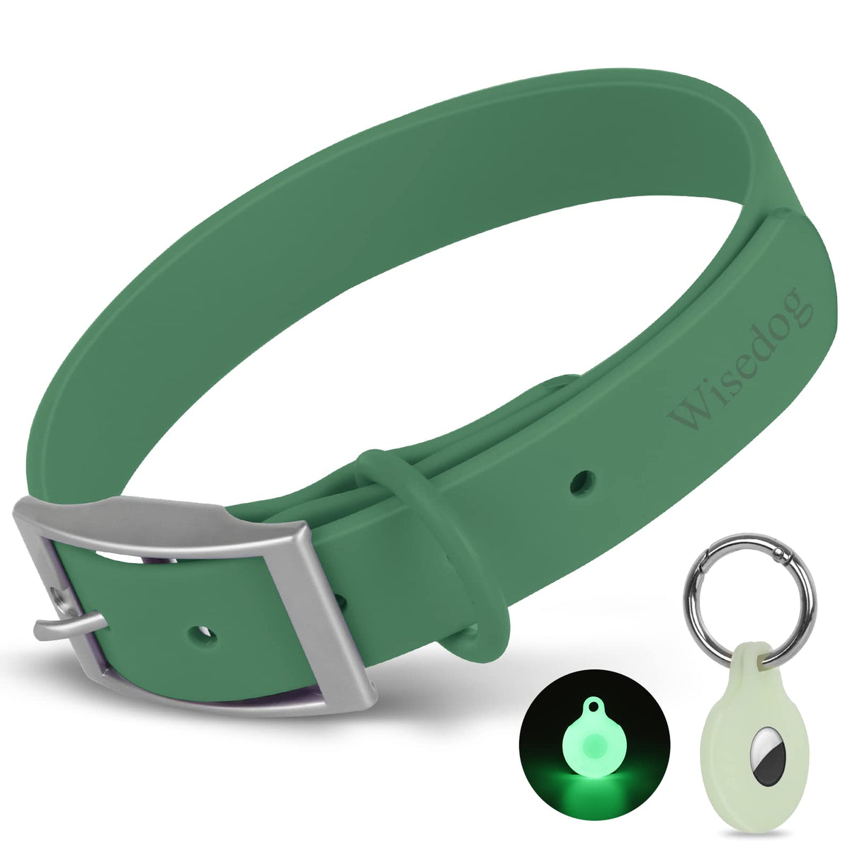 Collar Wisedog resistente al agua en verde pino para paseos.