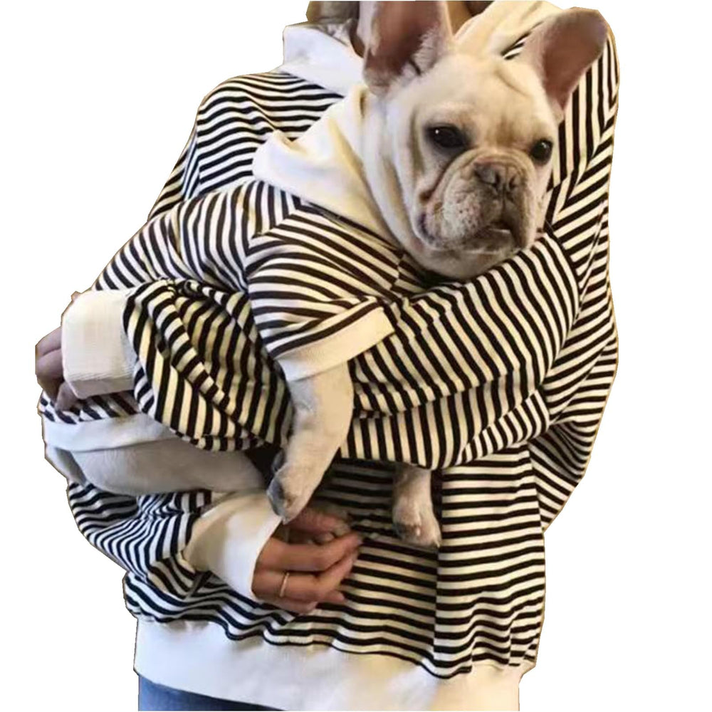 Wiz BBQT pareja dueña-mascota sudadera rayas, look coordinado para paseos.