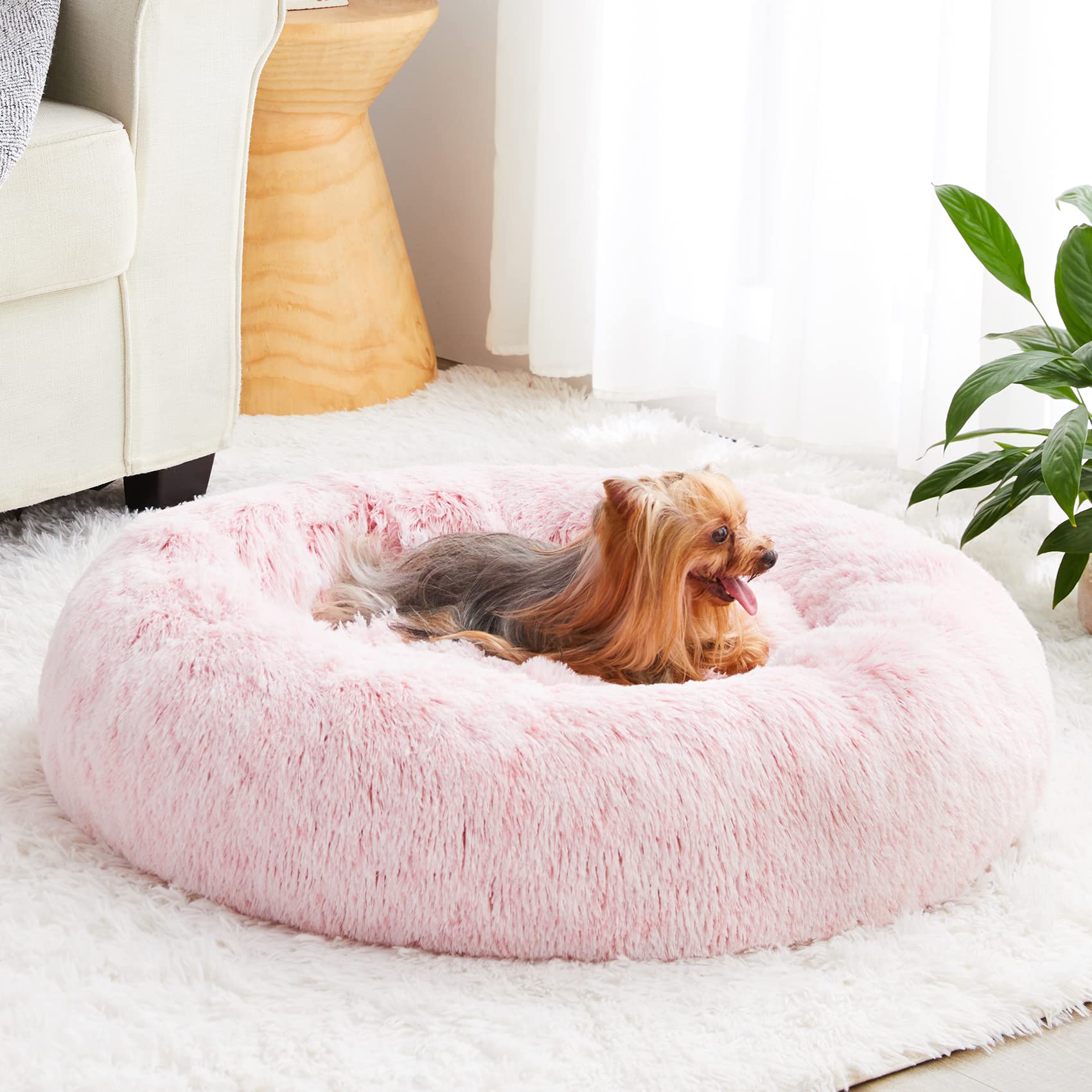 WNPETHOME cama donut rosada con peluche, descanso suave para mascotas.