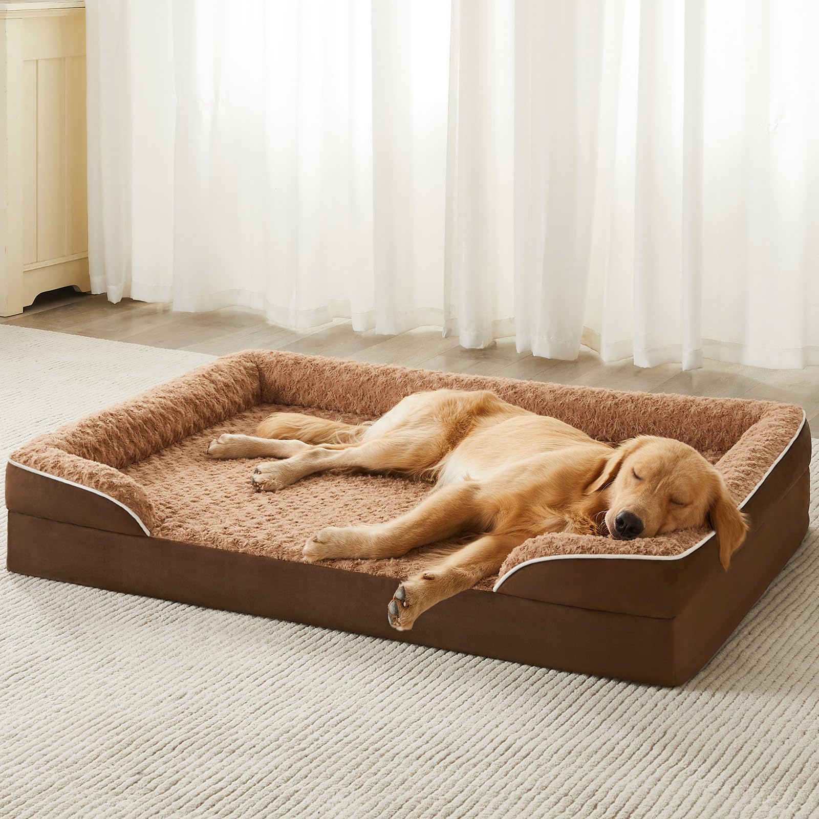 Cama ortopédica WNPETHOME para perros grandes, vista de sofá, soporte para cuello.
