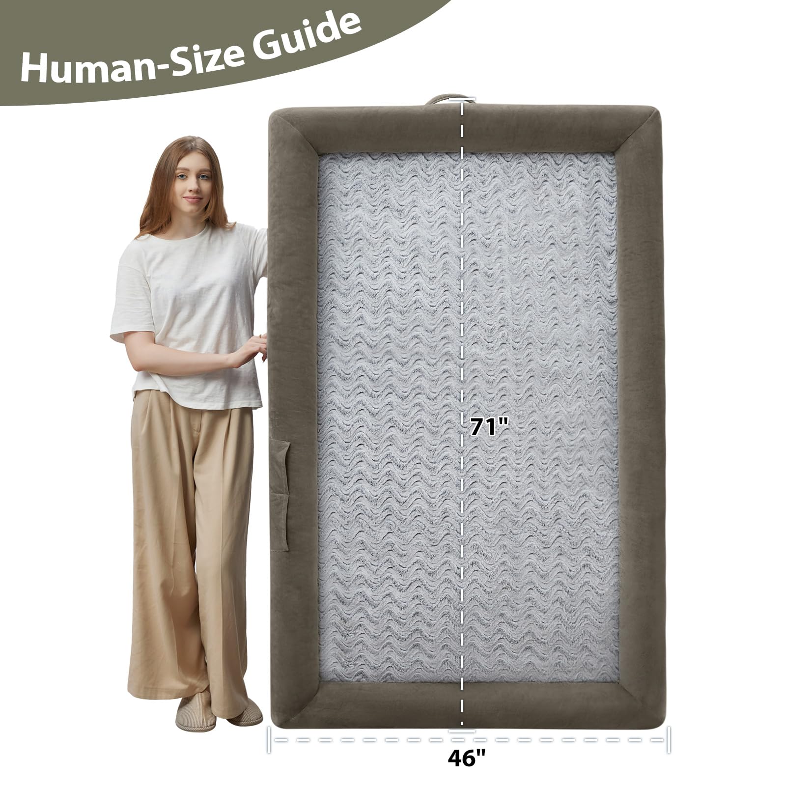 Dimensiones 71 x 46 x 7,5 pulgadas para perros grandes.