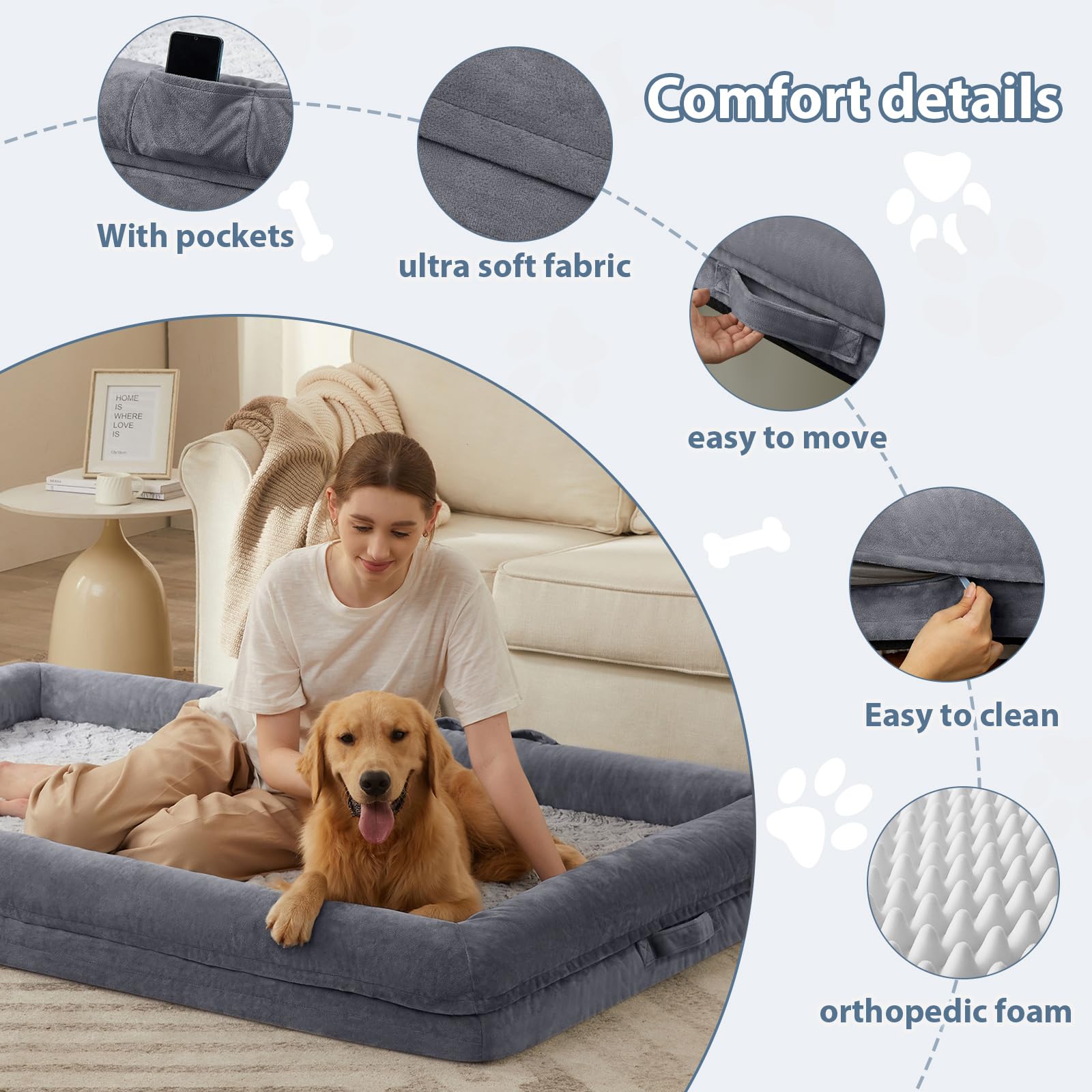 Cama ortopédica para perros WNPETHOME con espuma de alta densidad para distribución del peso.