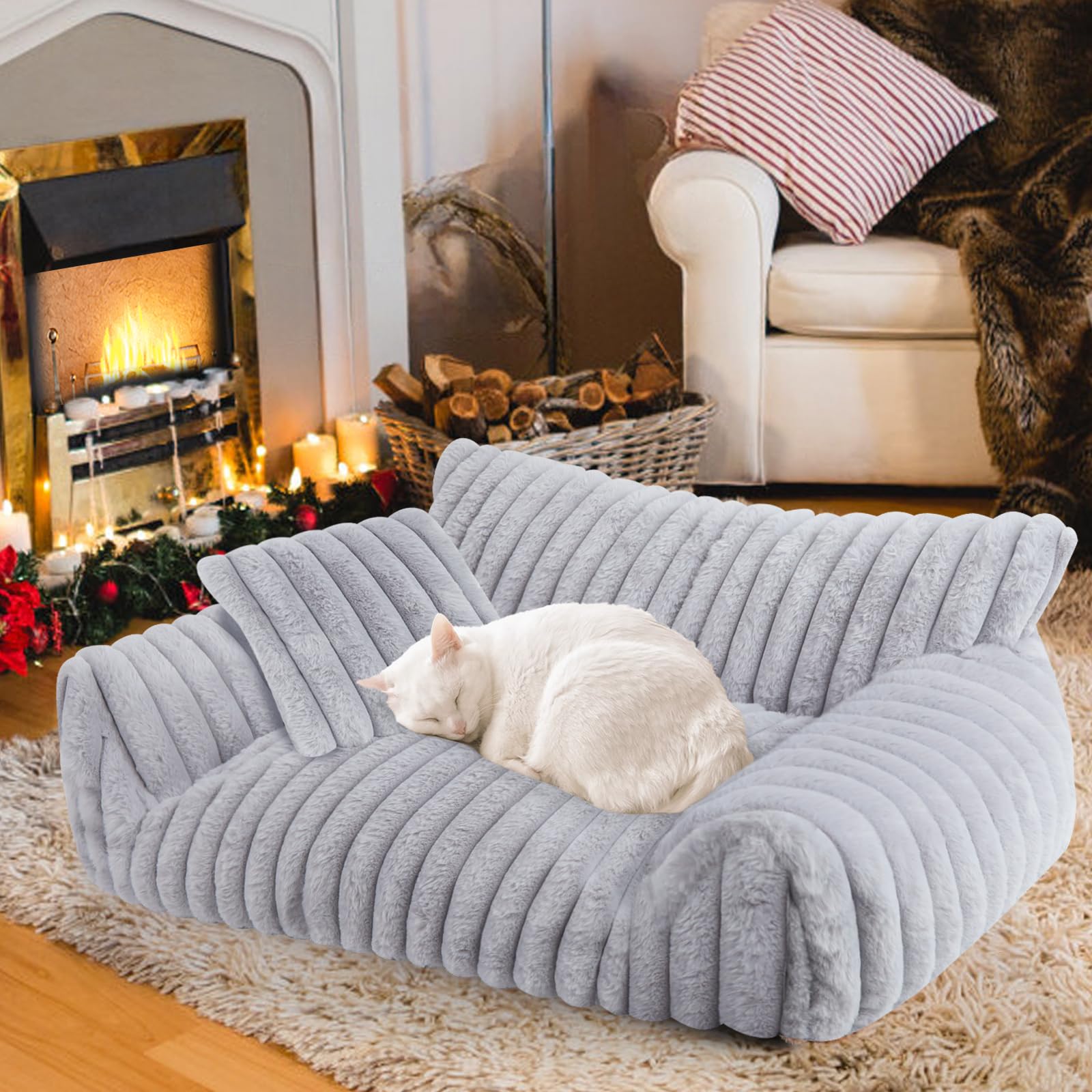 Cama-gato gris de Wn's Day con pana suave para descanso cómodo.